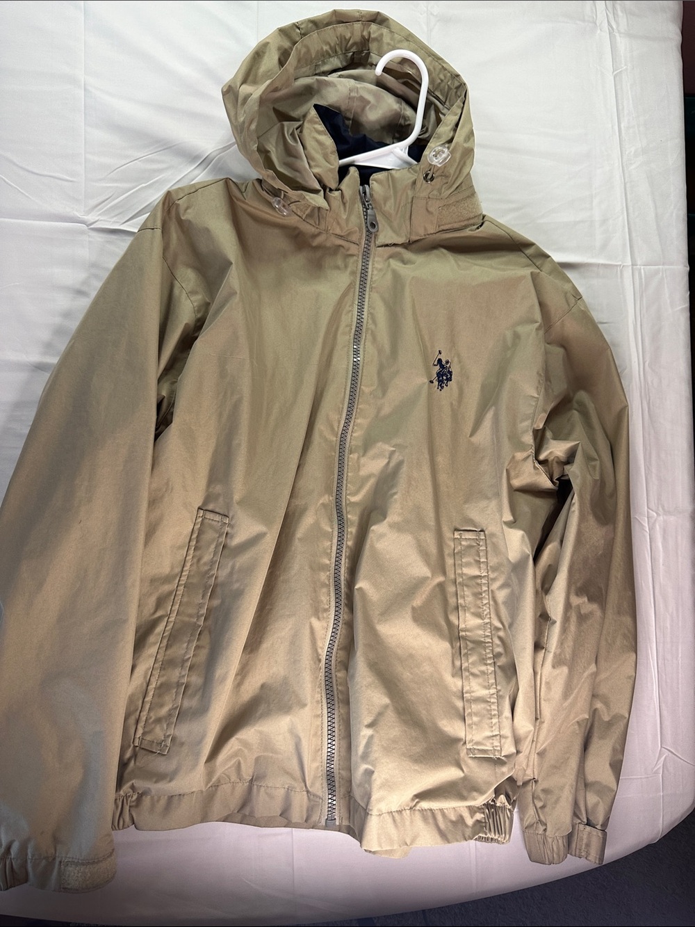 U.S. Polo Assn. Tan Hooded Raincoat with Navy Logo